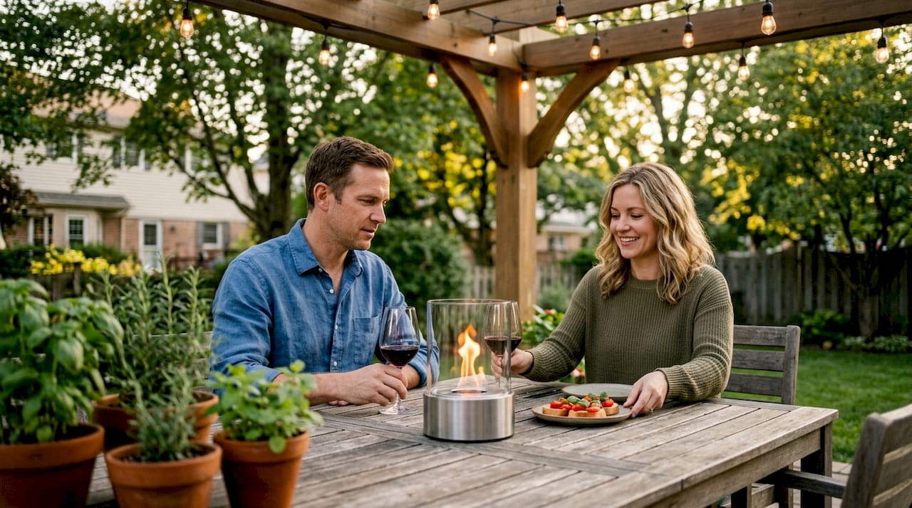 Ein Paar lässt den Abend gemütlich am Tischkamin im Garten ausklingen.