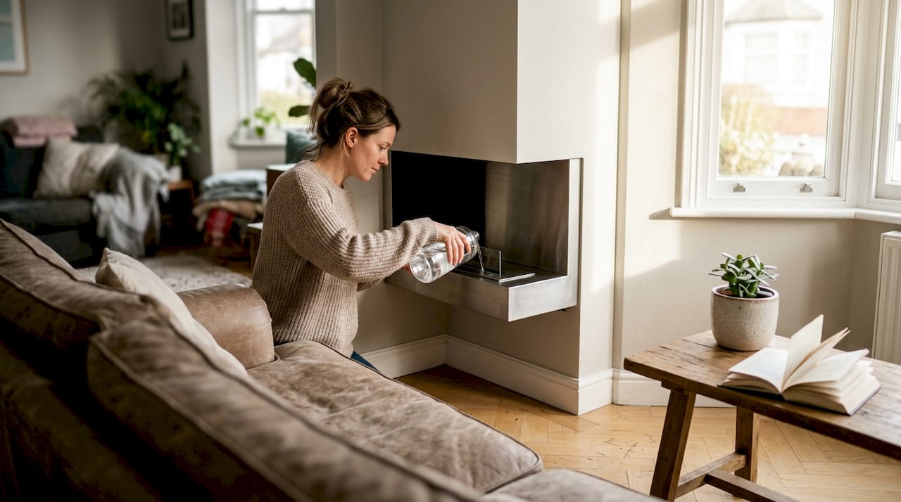 Une femme verse du bioéthanol dans la cheminée de son salon.