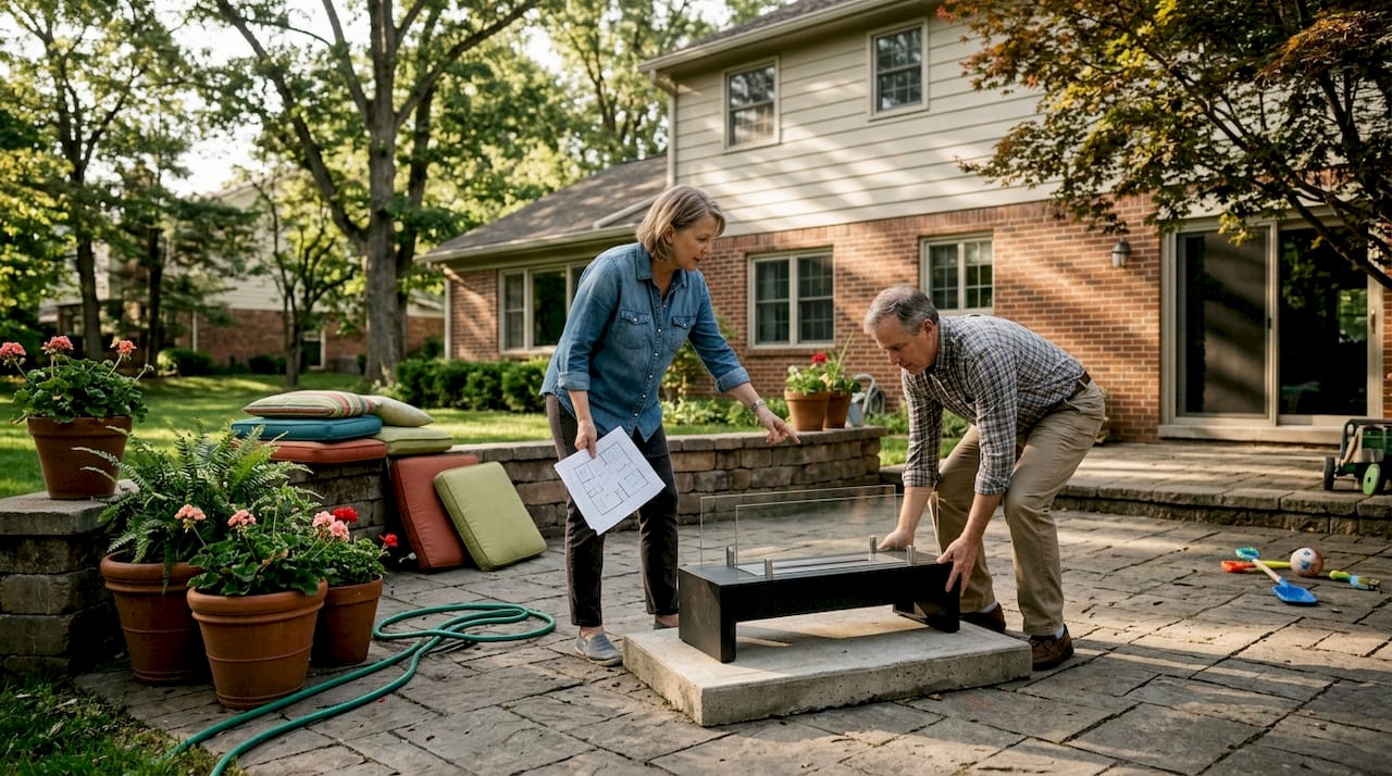 Couple positioning patio fireplace on stone terrace