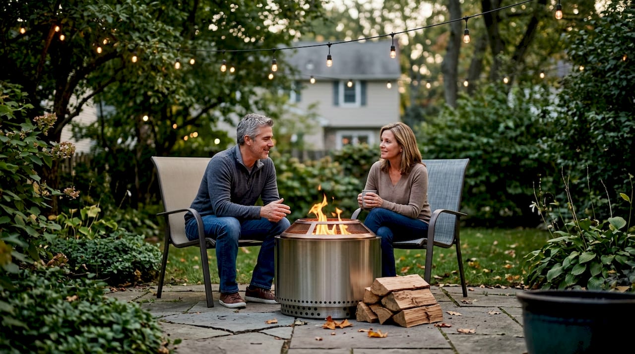 Couple enjoying smokeless fire pit outdoors