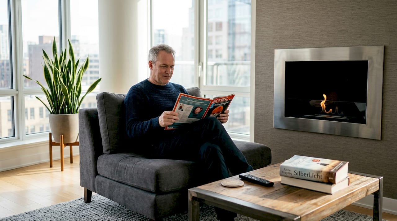 Ein Mann genießt entspannte Stunden am rauchfreien Kamin.
