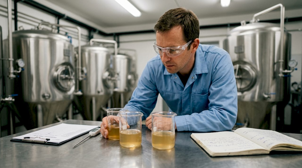 Im Labor einer Industrieanlage prüft ein Techniker die Qualität von Bioethanol-Proben.