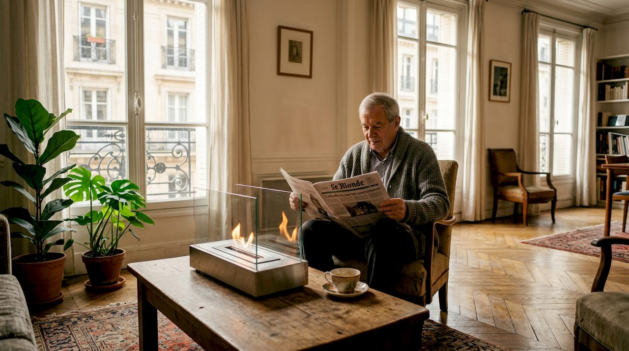 Cheminée au bioéthanol nomade installée dans un salon parisien