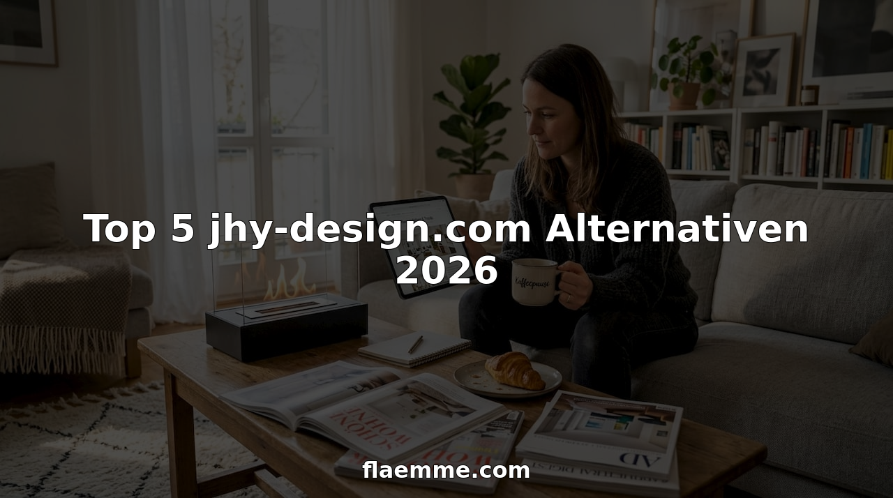 Eine Frau stöbert entspannt auf einer Design-Website, während neben ihr ein gemütliches Tischfeuer brennt.