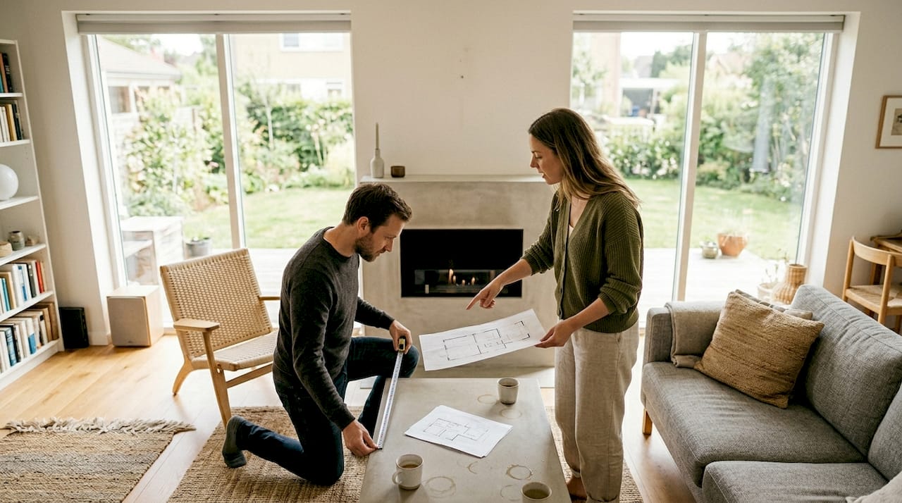 Couple planning fireplace placement in living room