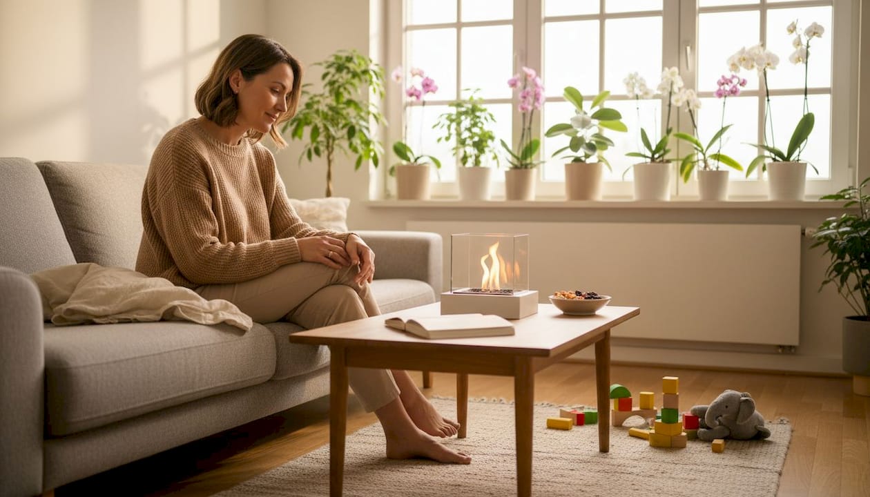 Eine Frau genießt das gemütliche Ambiente eines Tischfeuers in ihrem Wohnzimmer.