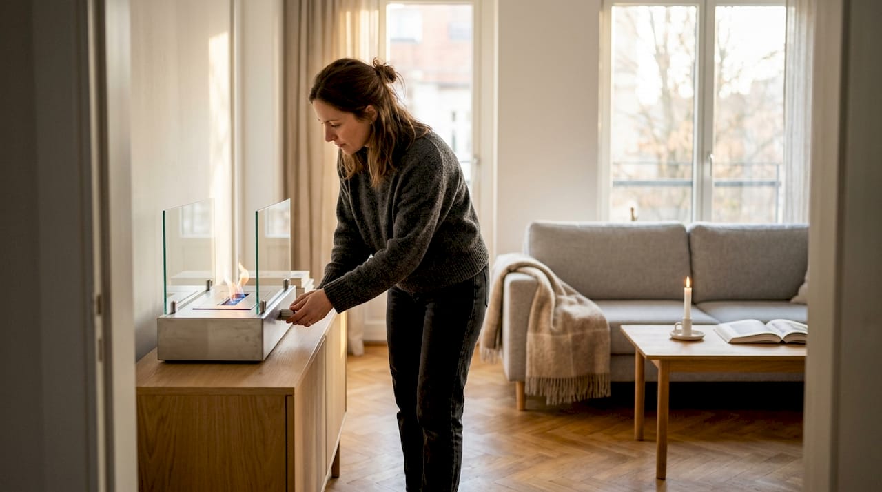 Un salon contemporain sublimé par la douce lueur d’une cheminée à l’éthanol