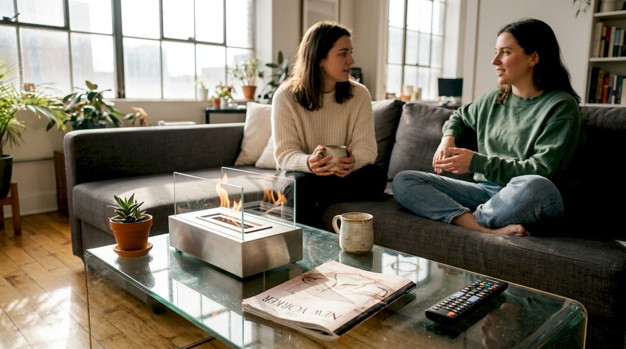 Bioethanol tabletop fireplace in lived-in living room
