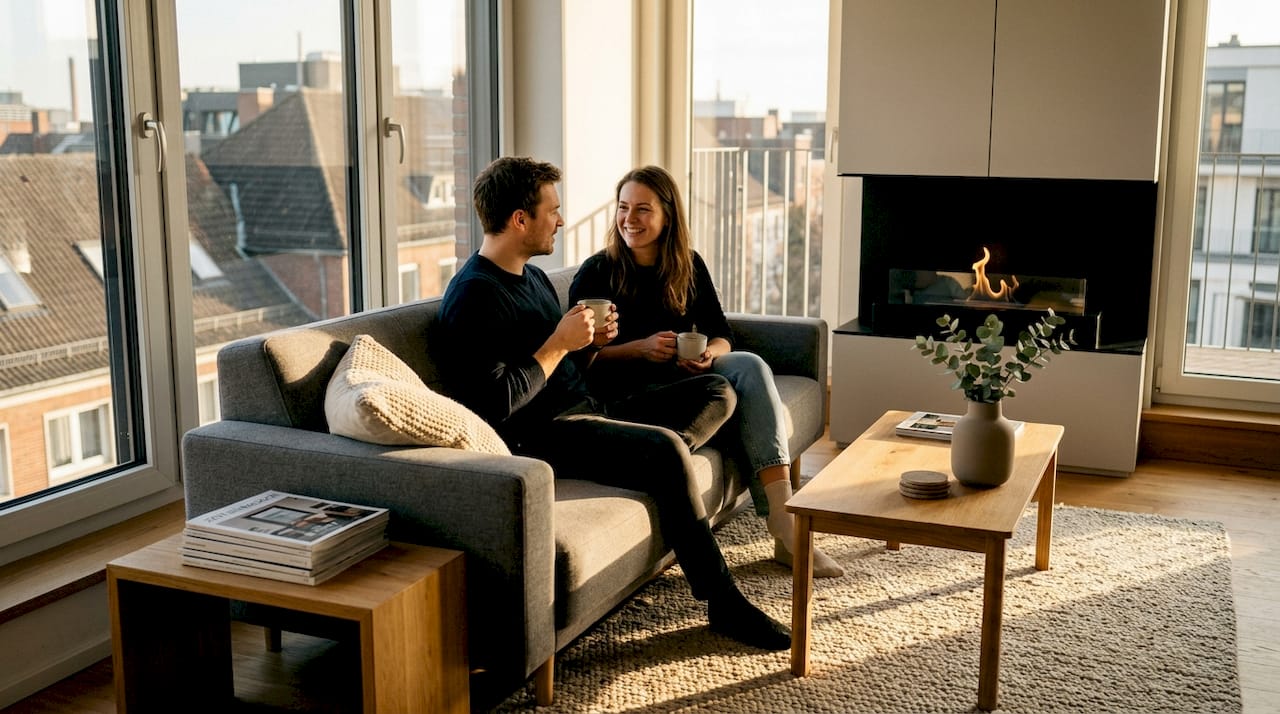 Ein Paar genießt entspannte Stunden vor einem modernen, rauchfreien Kamin im Wohnzimmer.