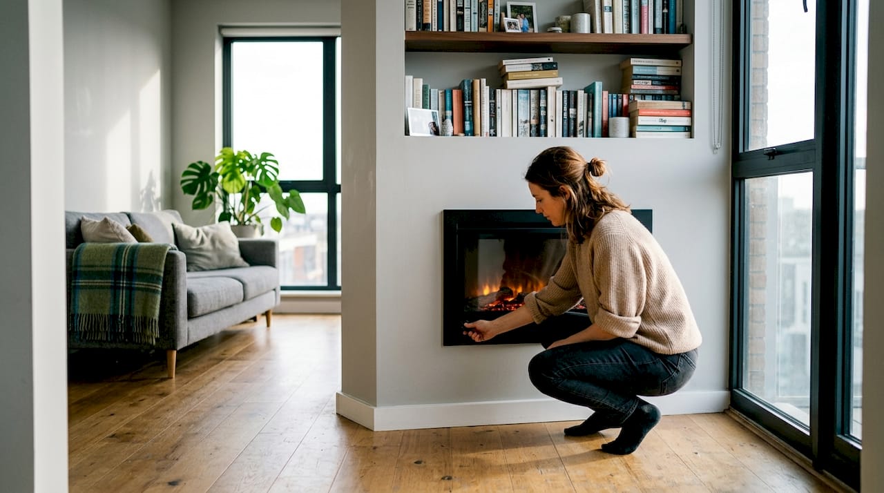 Séjour contemporain équipé d’une cheminée sans conduit, actuellement en fonctionnement