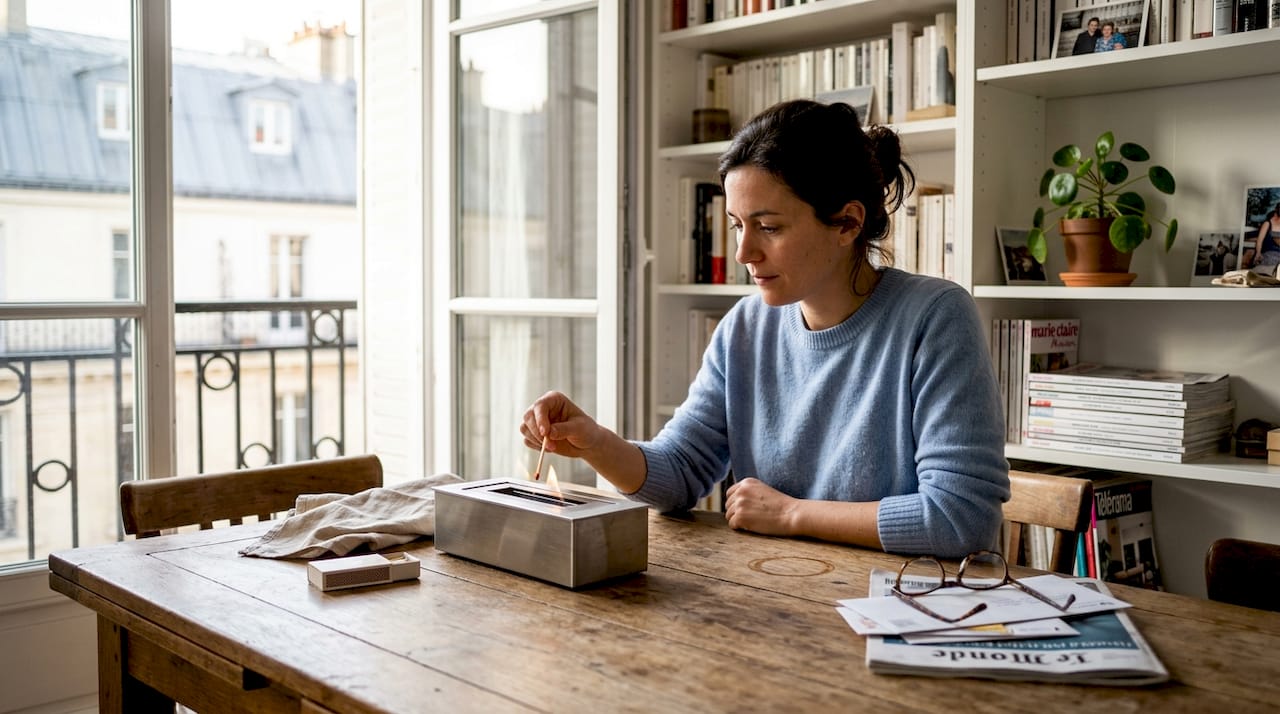 Une femme allume en toute sécurité une cheminée de table fonctionnant au bioéthanol.