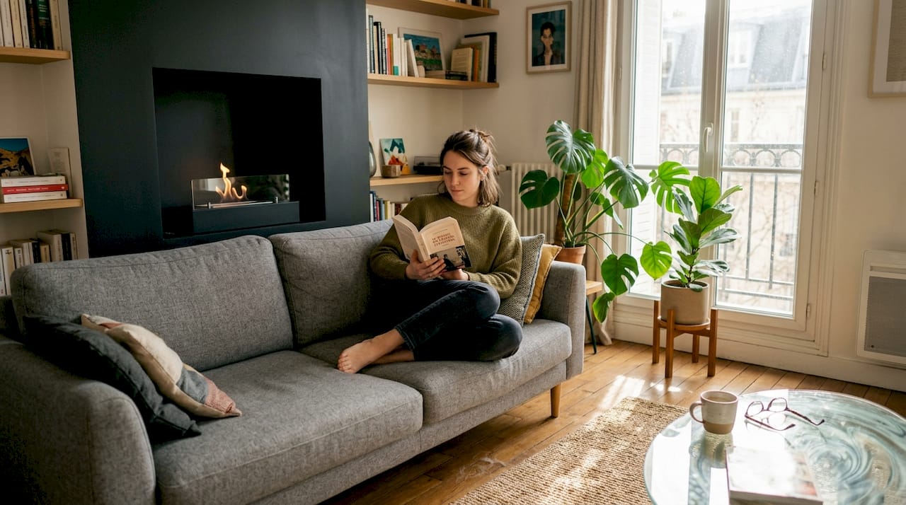 Séjour contemporain agrémenté d’une cheminée au bioéthanol parfaitement intégrée