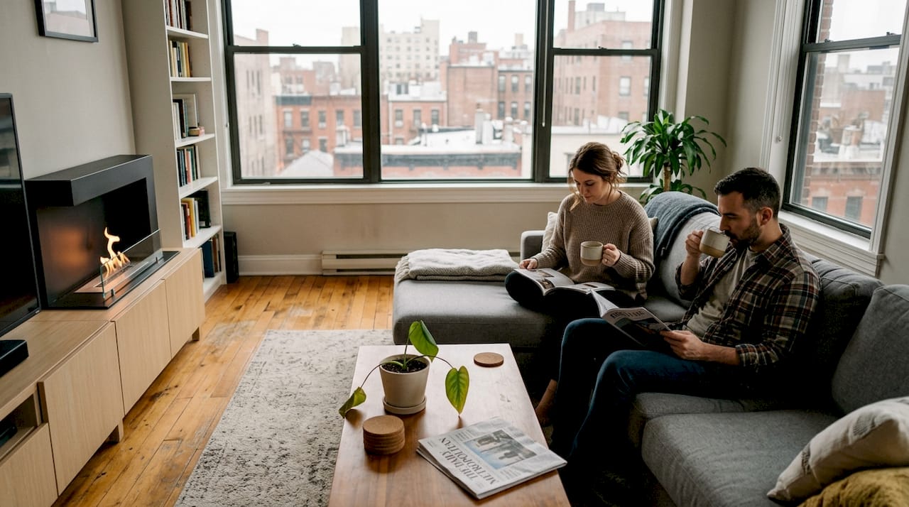 Couple relaxing near modern bioethanol fireplace