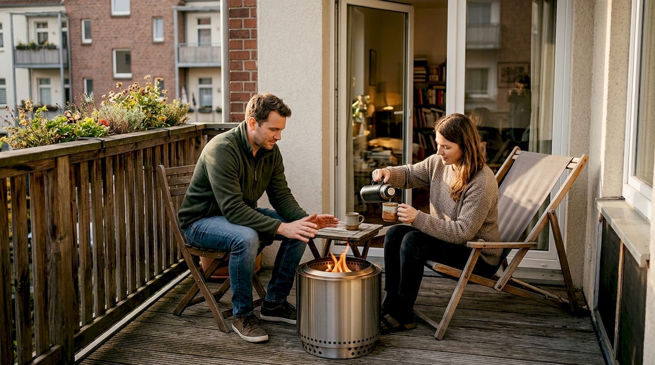 Ein Paar macht es sich auf der Terrasse am mobilen Feuer gemütlich.