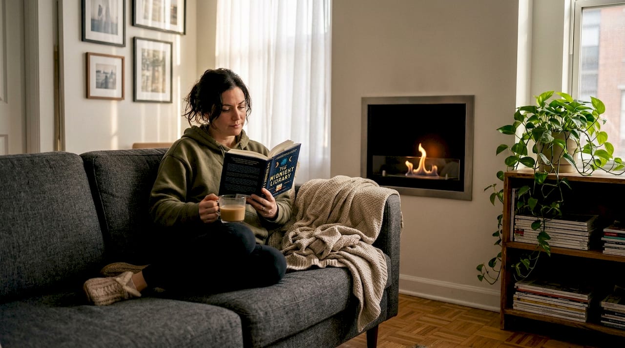 Person reading near ethanol fireplace in living room
