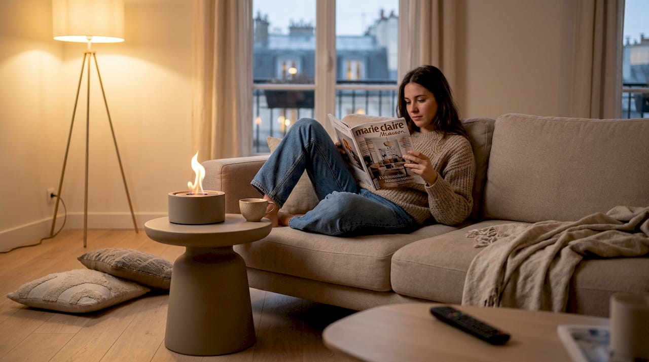 Un salon contemporain où le brasero à éthanol diffuse une chaleureuse lumière.