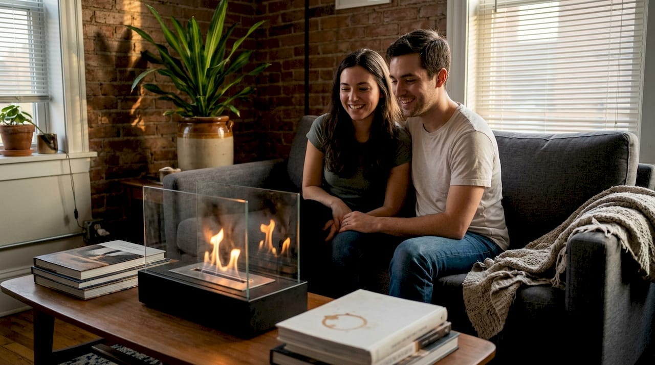Couple enjoying eco fire pit indoors