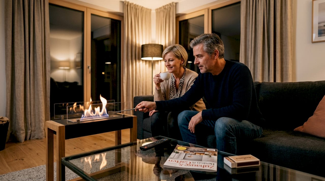 Ein Paar genießt einen gemütlichen Abend vor dem Ethanol-Kamin im eigenen Wohnzimmer.