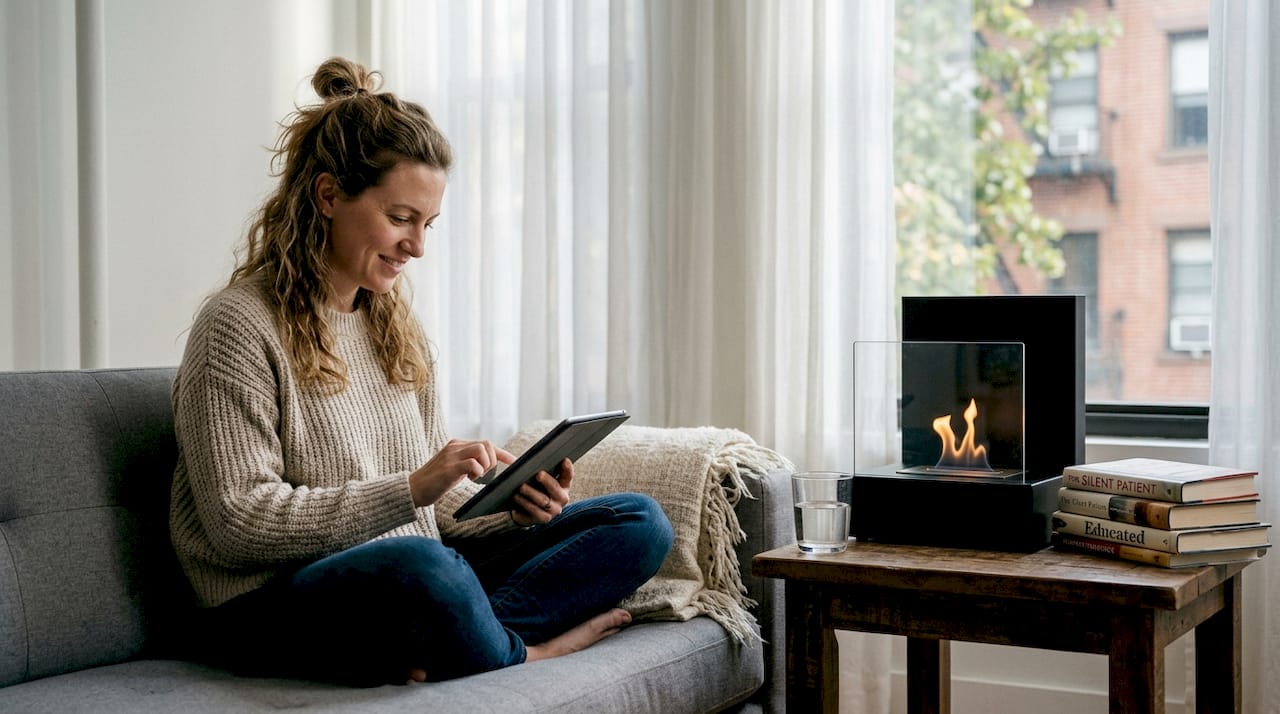 Woman with bioethanol fireplace in lived-in living room