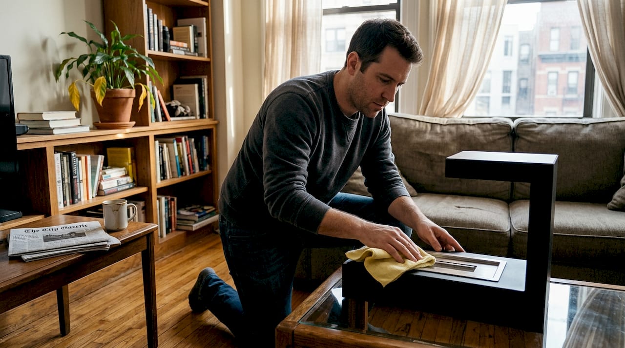 Cleaning bio ethanol fireplace in lived-in apartment