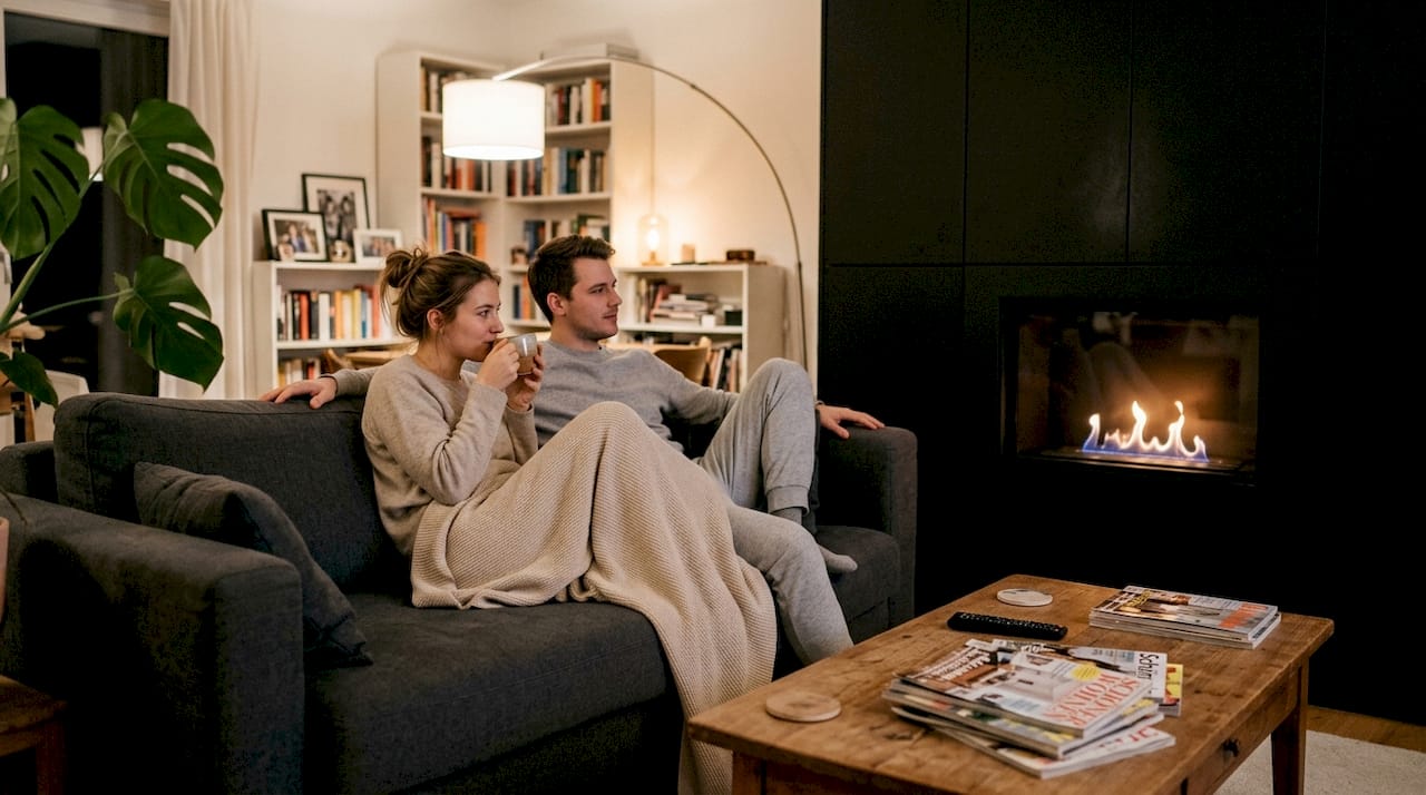 Ein Paar genießt gemütliche Stunden vor dem rauchfreien Kamin in den eigenen vier Wänden.
