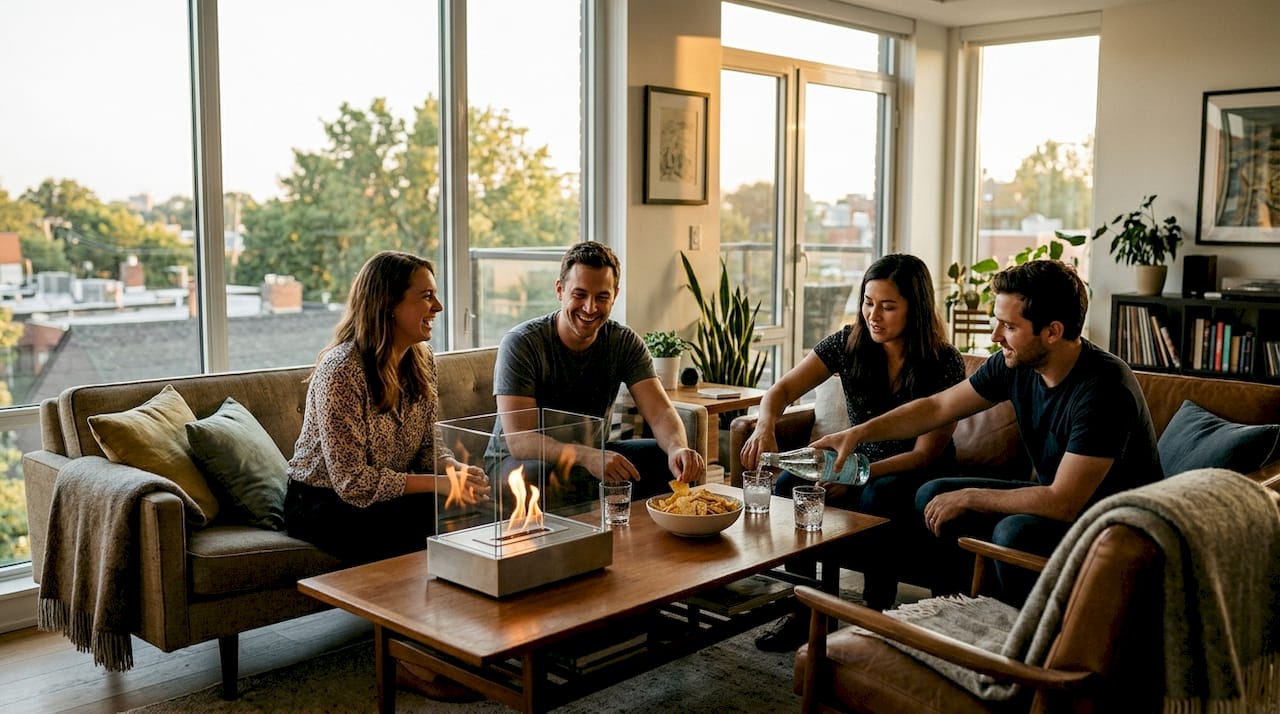 Friends gathered around smokeless fireplace at home