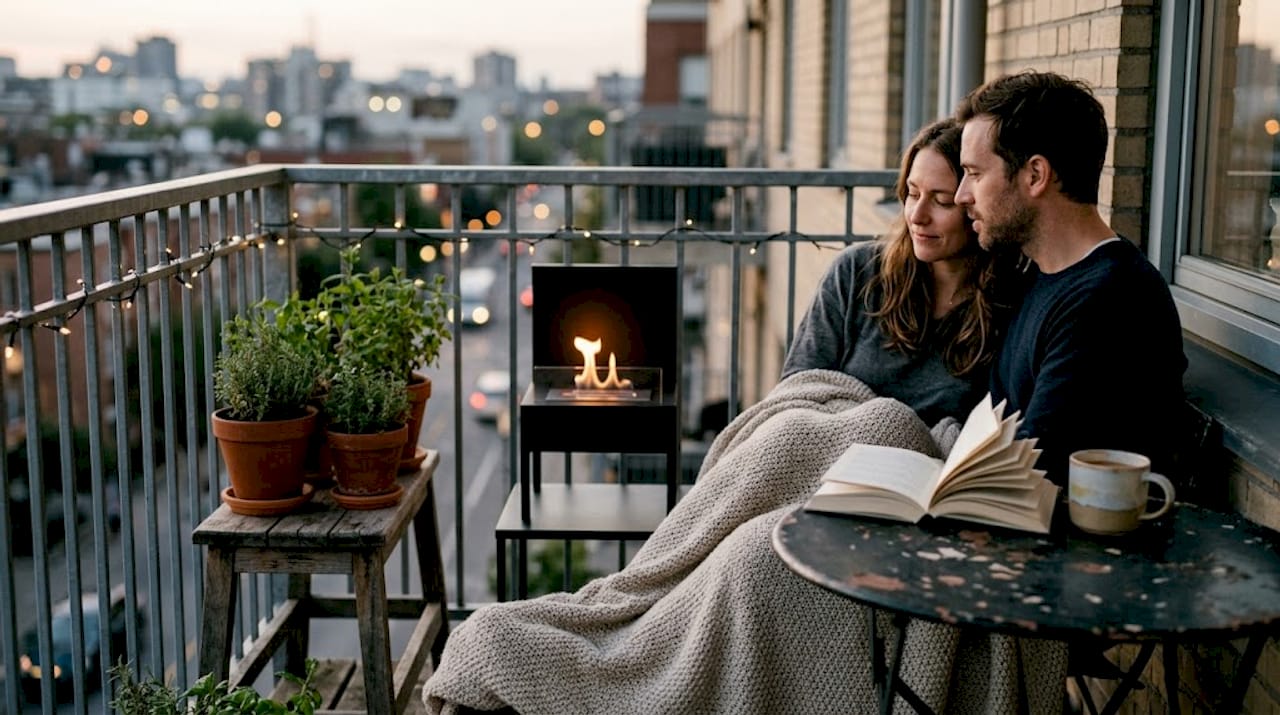 Couple enjoying eco-friendly balcony fireplace