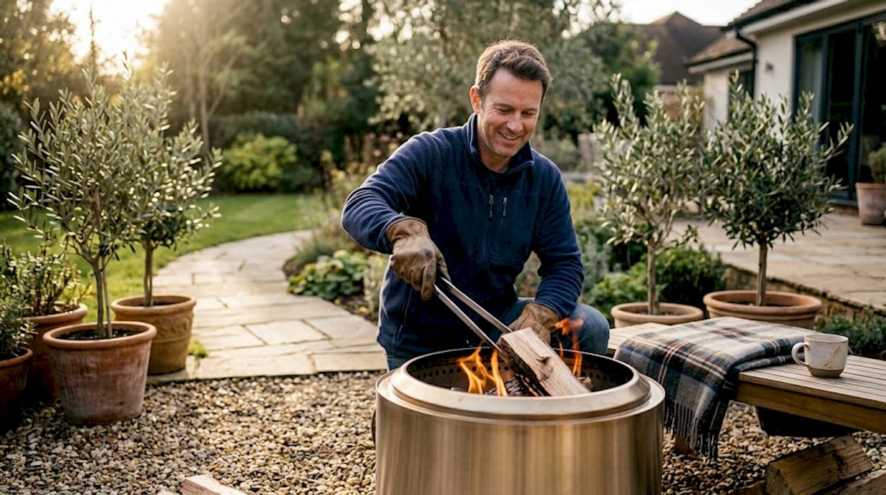 Eine Person kümmert sich um eine stilvolle, rauchfreie Feuerstelle im Garten.