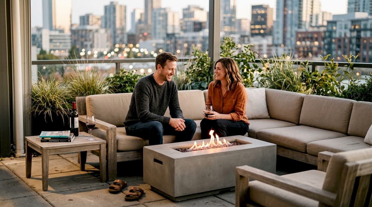 Modern patio with designer fire pit in use