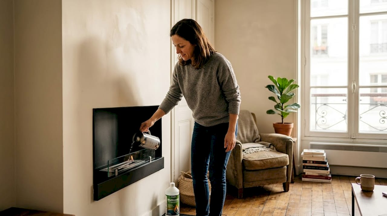 Remplissage d’une cheminée au bioéthanol dans un salon lumineux