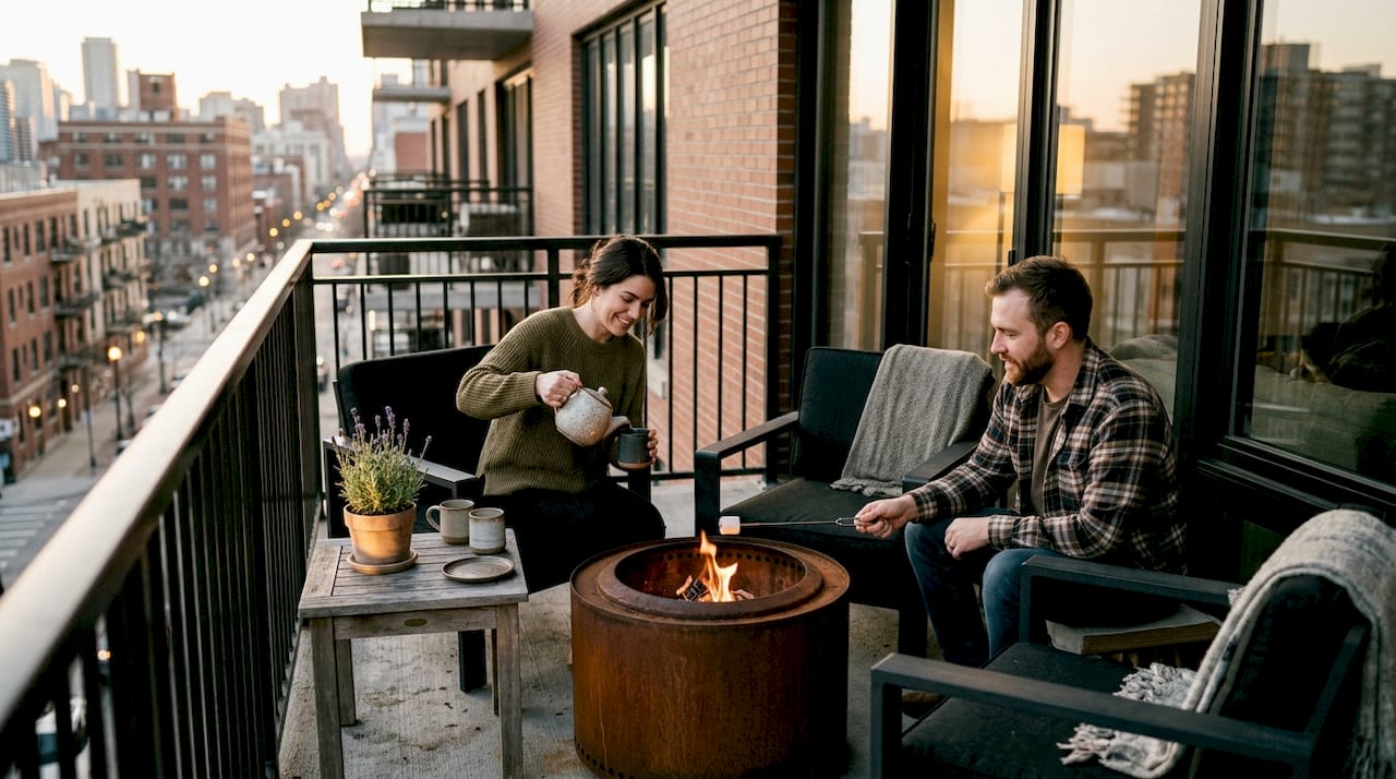 Modern patio with eco fire pit in use