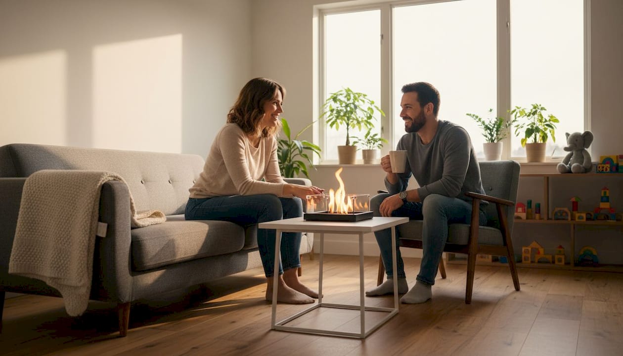 Modern home with indoor tabletop fire pit in use