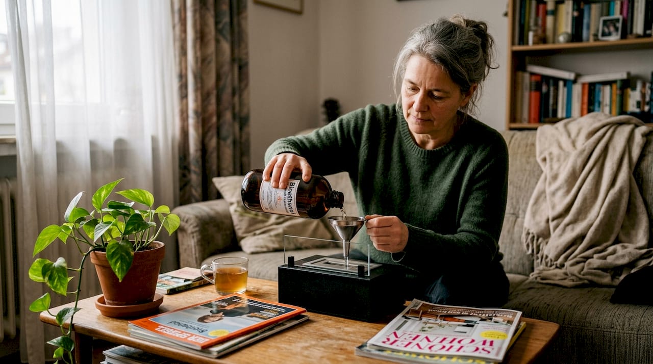 Eine Frau füllt den Bioethanol-Brenner auf, der auf dem Couchtisch steht.