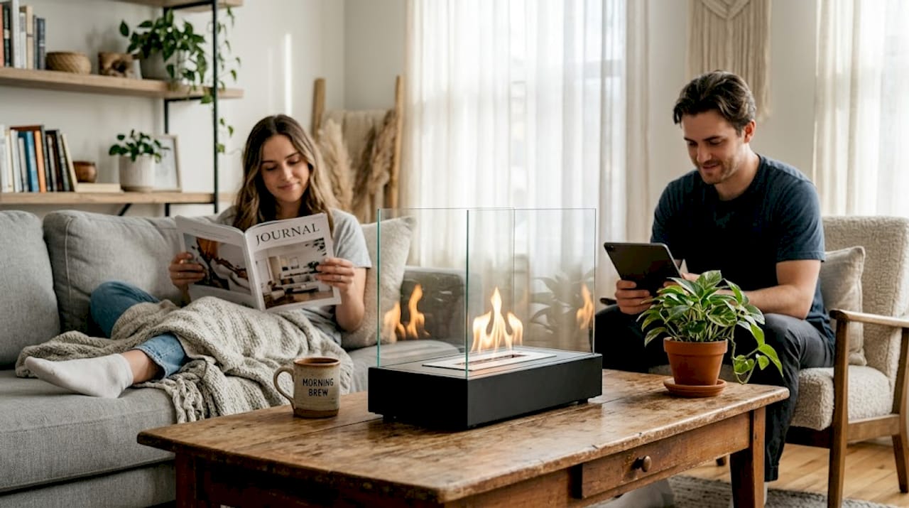 Glass tabletop fireplace lit on coffee table
