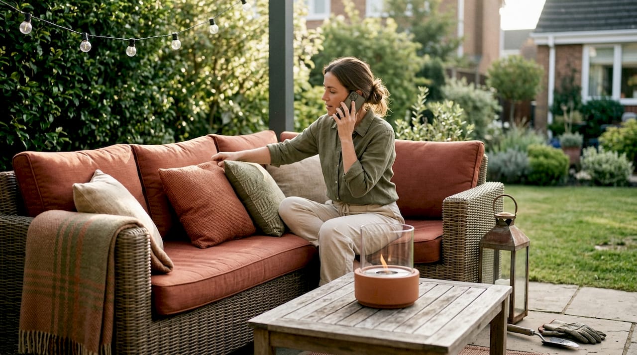 Woman arranging pillows by outdoor fire pit
