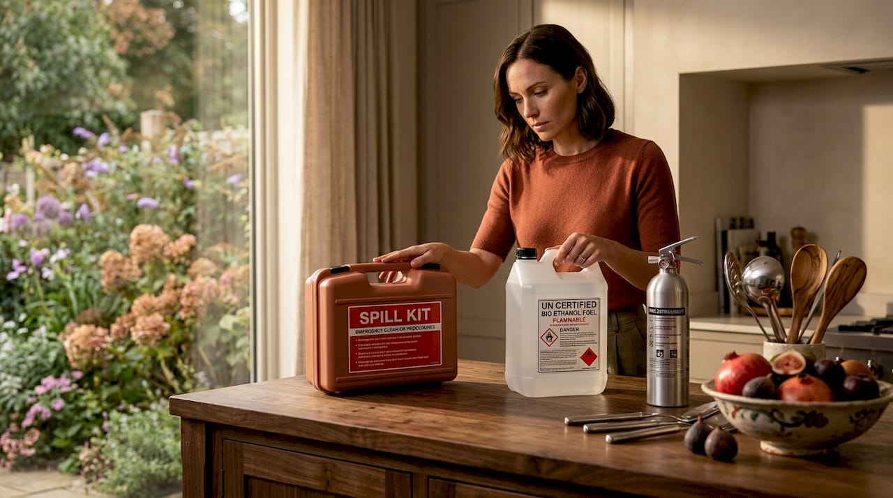 Woman checks bio ethanol fuel container