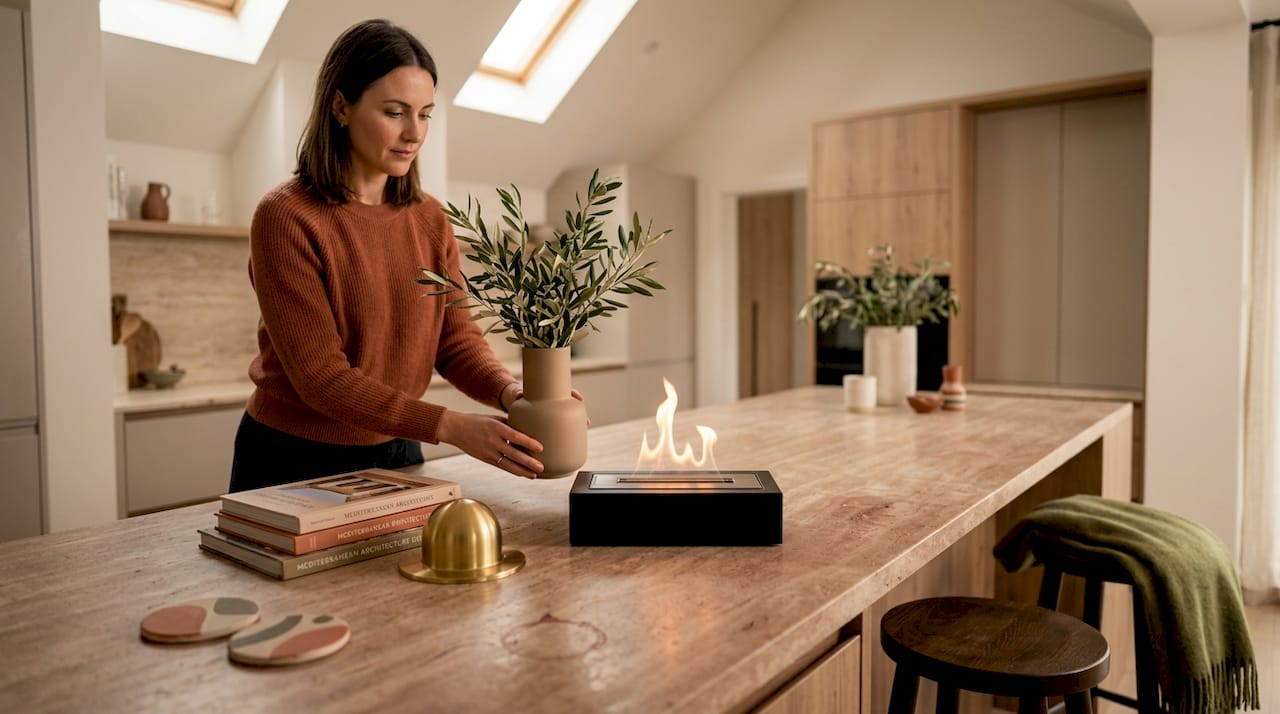 Person styling tabletop fireplace in living room
