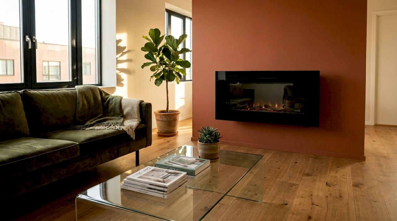 Modern living room with electric fireplace