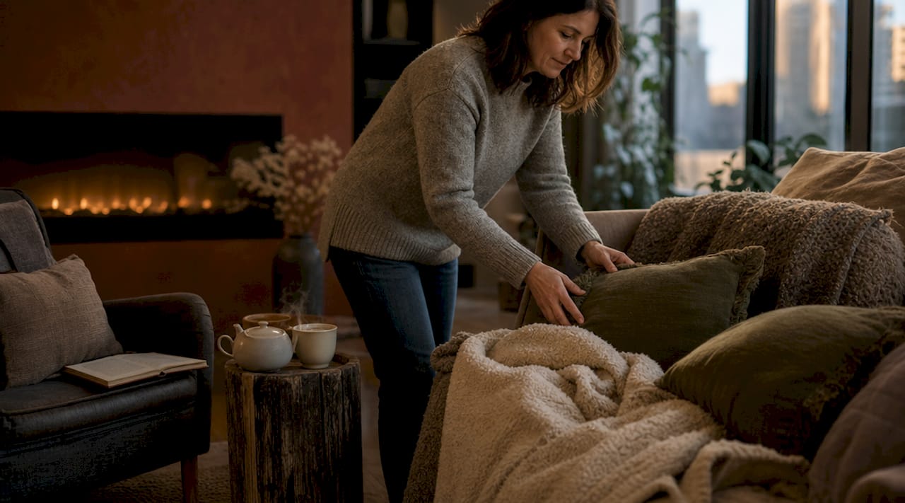 Woman arranging blankets near electric fireplace in living room