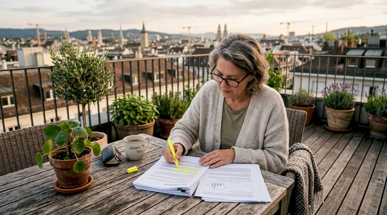 Woman reviewing balcony fireplace safety workflow documents