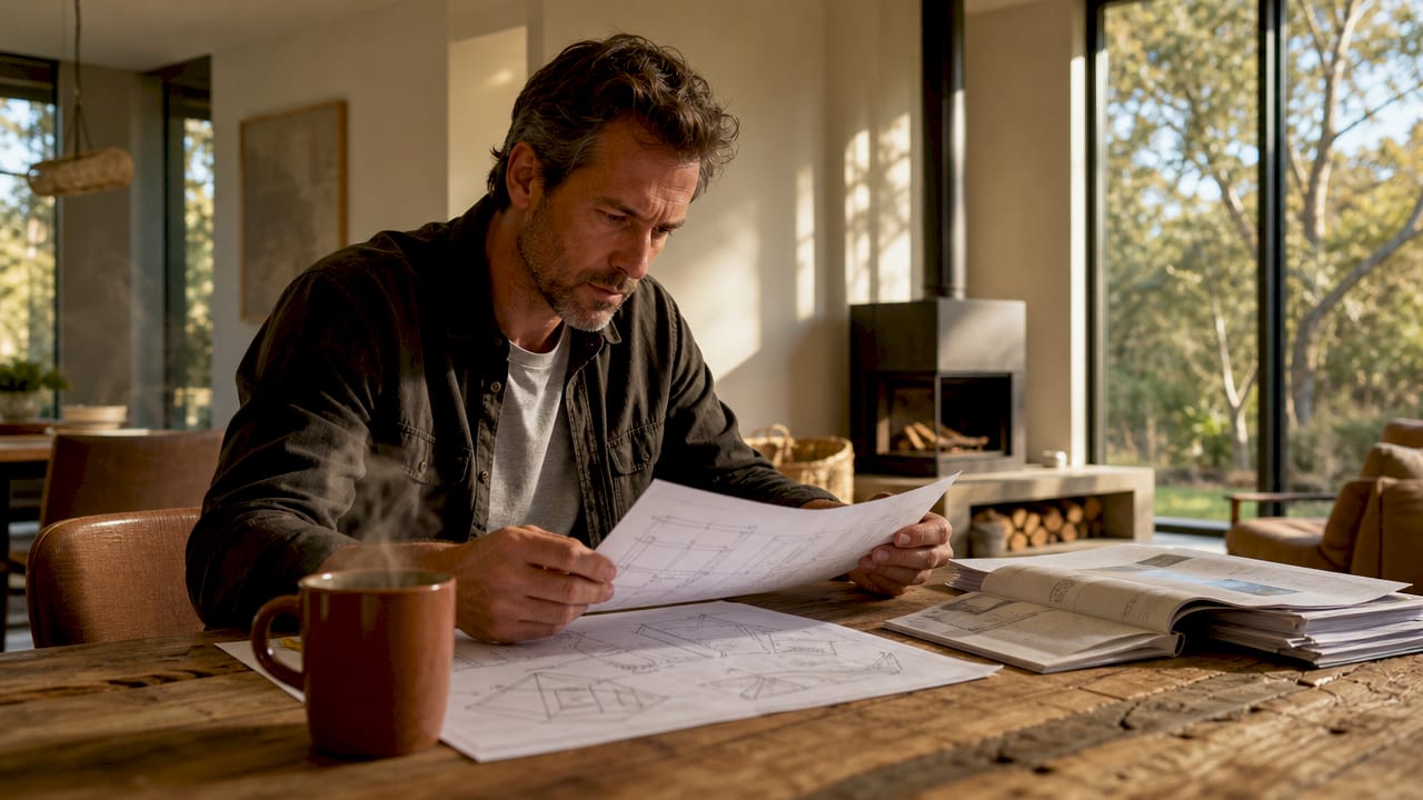 Ein Handwerker nimmt den Antrag für den Einbau eines Kamins in der Wohnung genau unter die Lupe.