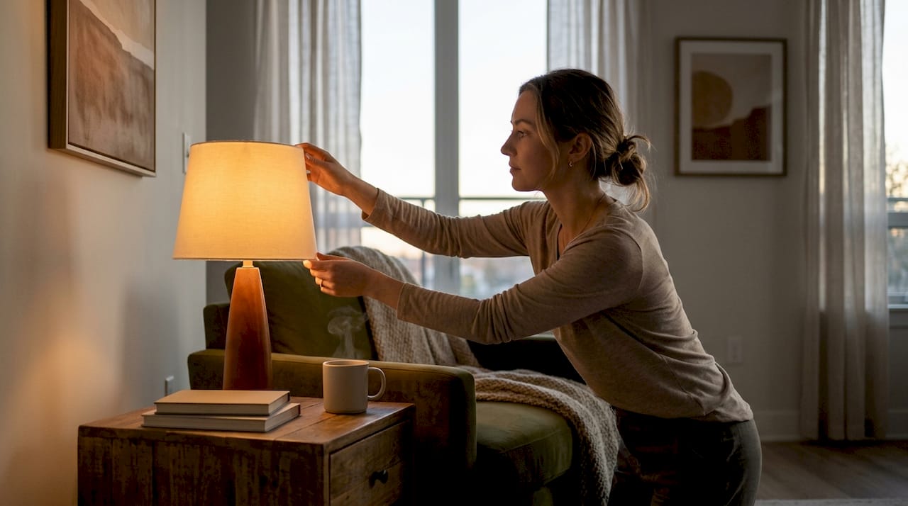 Woman adjusting warm lamp in cozy living room