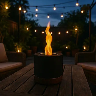 Black round bio ethanol tabletop fireplace with flame on a wooden outdoor table at night with string lights