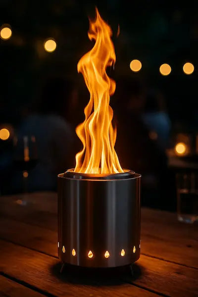 Stainless steel smokeless tabletop fire pit with tall flame on a wooden table during an outdoor evening setting
