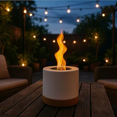 White round bio ethanol tabletop fireplace with tall flame on wooden patio table, evening garden with string lights