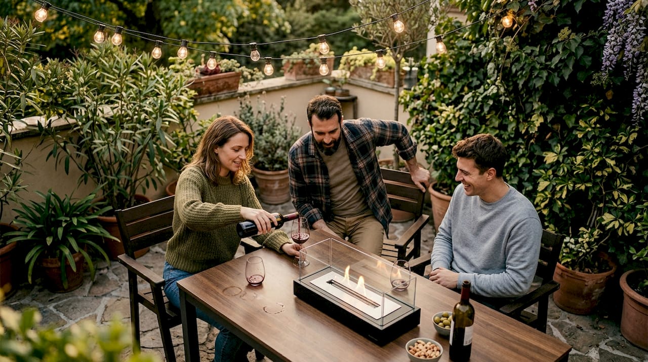 Des amis se retrouvent autour d’un brasero design installé sur la terrasse.