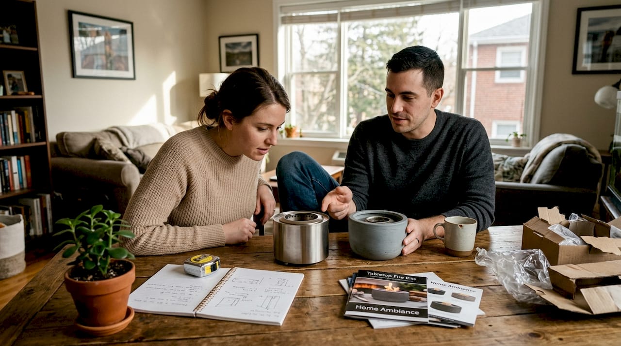 Couple comparing tabletop fire pit options