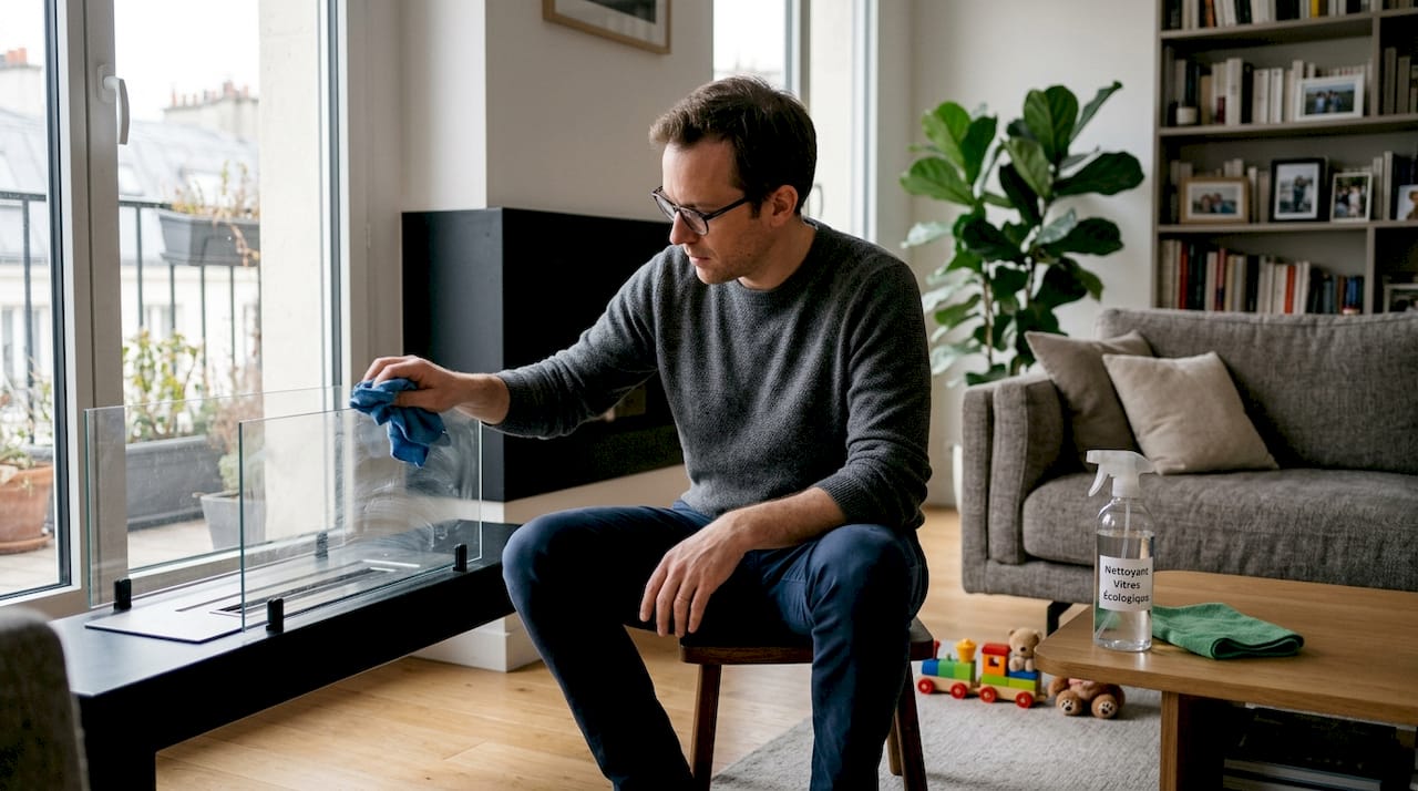 Un homme en train de nettoyer la vitre de son poêle à l’éthanol