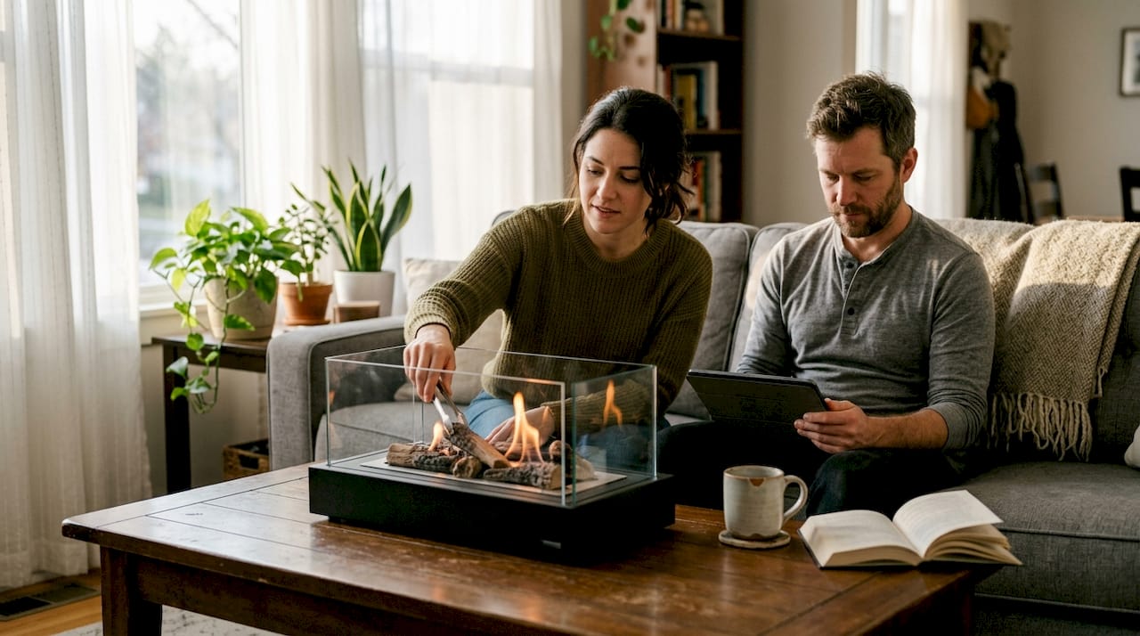 Couple using eco-friendly tabletop fire pit in living room
