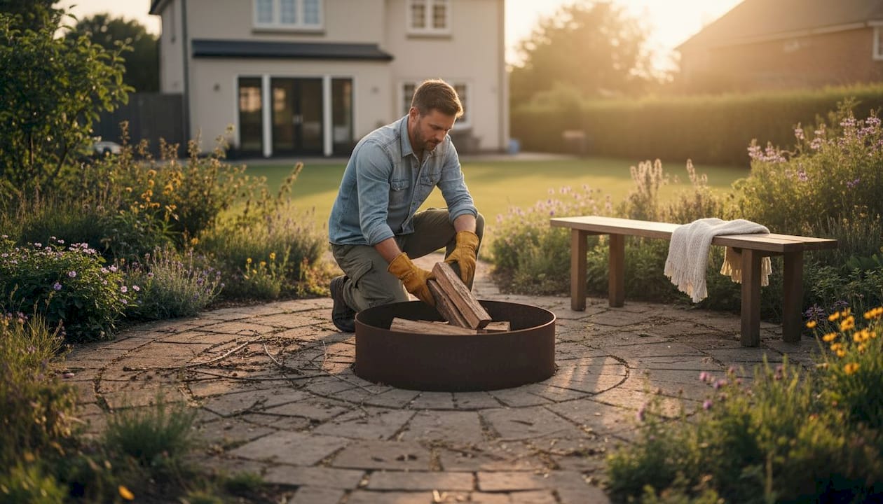 Ein Hausbesitzer stapelt Holzscheite in einer umweltfreundlichen Feuerstelle im eigenen Garten.